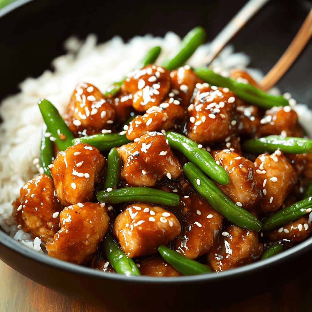 Sesame Chicken with Green Beans and Rice