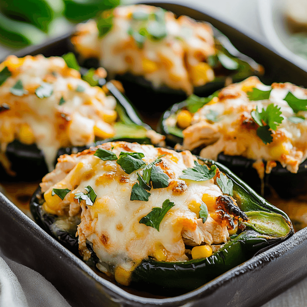 Cheesy Chicken and Corn Stuffed Poblano Peppers